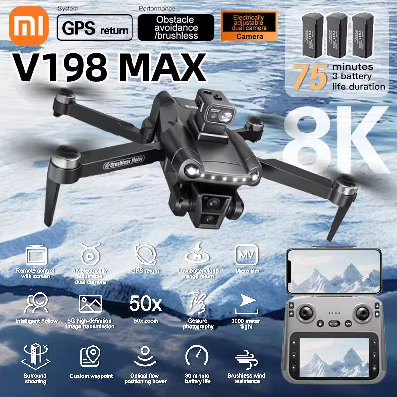 Xiaomi V198MAX GPS Drone 8K Professional Camera Aerial FPV Brush Laser Obstacle with Large Screen Remote Control Folding Dron